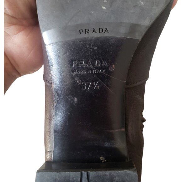 Prada Knee High Flat Boots Brown Leather Gold Zipper Women's Size 37.5 - Picture 7 of 7